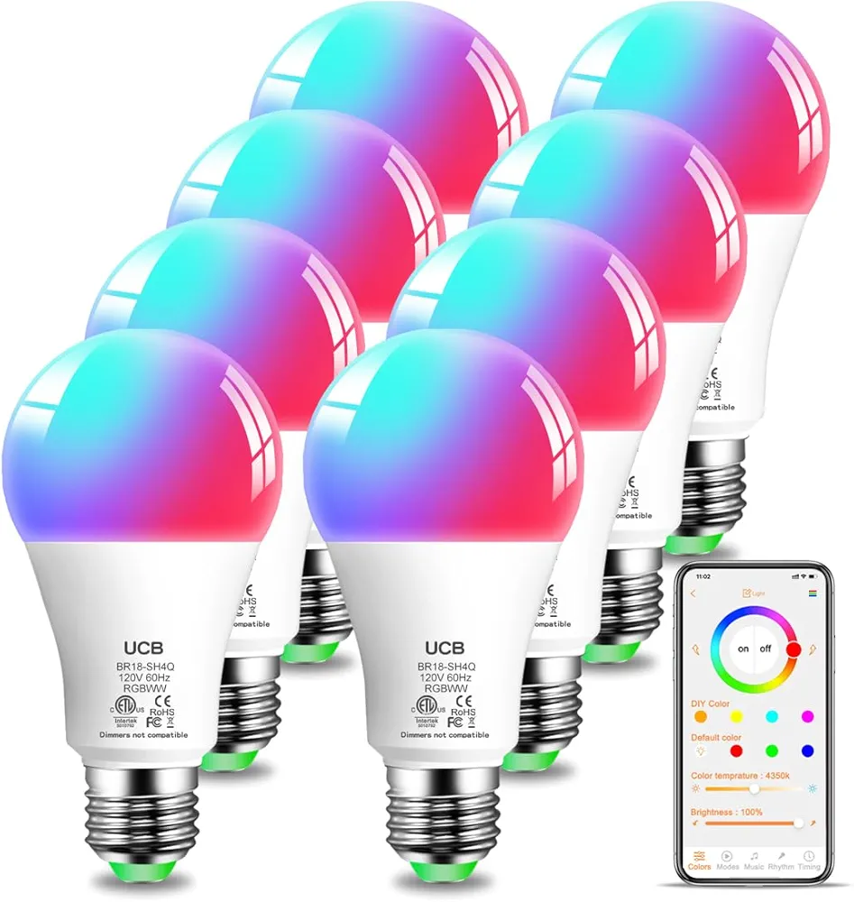 UCB Led Light Bulbs 12W(130W Equivalent), 2700K-6000K，A19 E26 Bluetooth Color Changing Light Bulb Controlled by BRmesh APP, 16 Million Colors-DIY Flash/Fade - Timing - DIY Scenes- Music Sync (8 Pack)