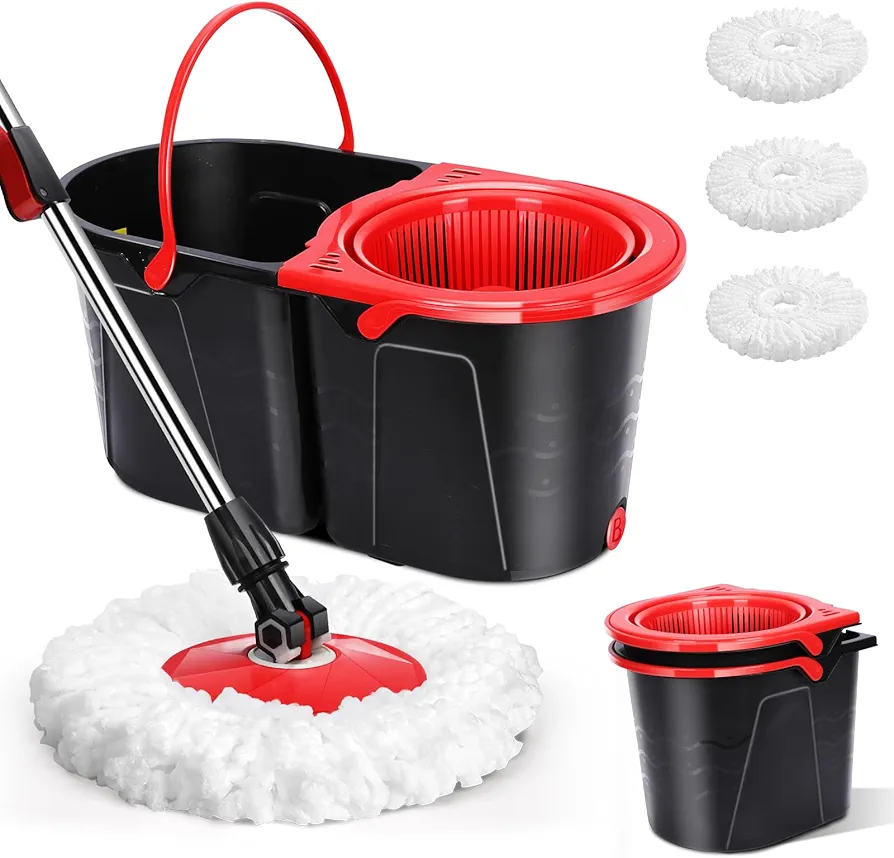 360° Spin Mop and Bucket with Separate Clean and Dirty Water,Mop and Bucket with Wringer Set for Home,Wet Dust Mop for Floor Cleaning with 3 Mop Heads