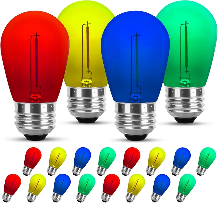 S14 Colored LED String Light Bulbs Replacement 16 Pack, 1W Multi-Color Edison Bulb E26 Medium Base Plastic Shatterproof for Home Outdoor Decor