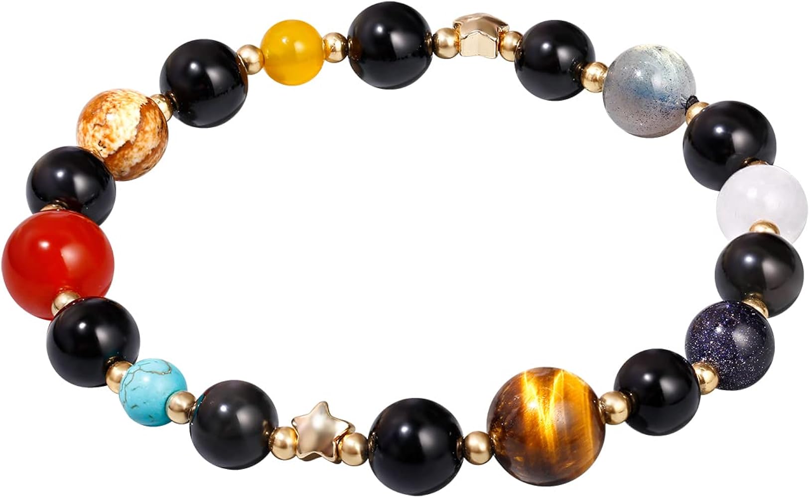Jewever The Eight Planets Bracelet for Women Black Obsidian with Tiger Eye Stone Beaded Healing Crystals and Gemstones Elastic Bracelets