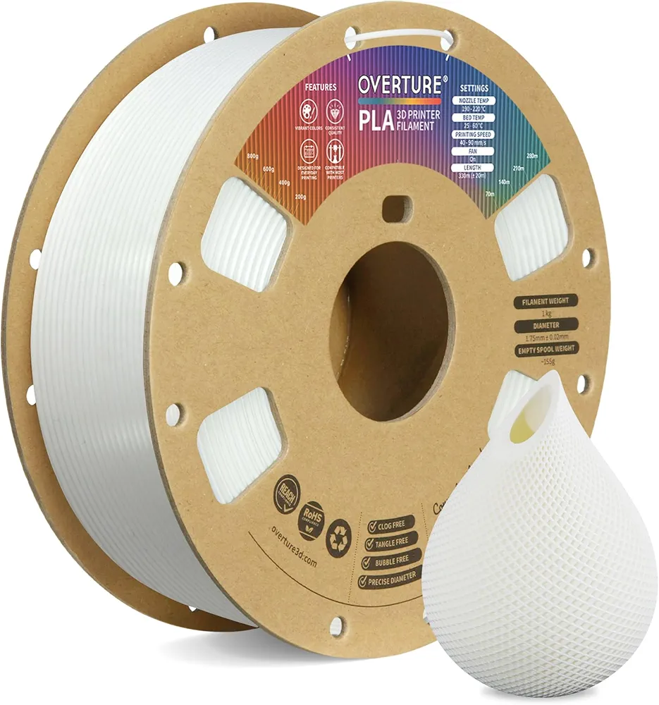 OVERTURE PLA Filament 1.75mm PLA 3D Printer Filament, 1kg Cardboard Spool (2.2lbs), Dimensional Accuracy +/- 0.02mm, Fit Most FDM Printer (White 1-Pack)