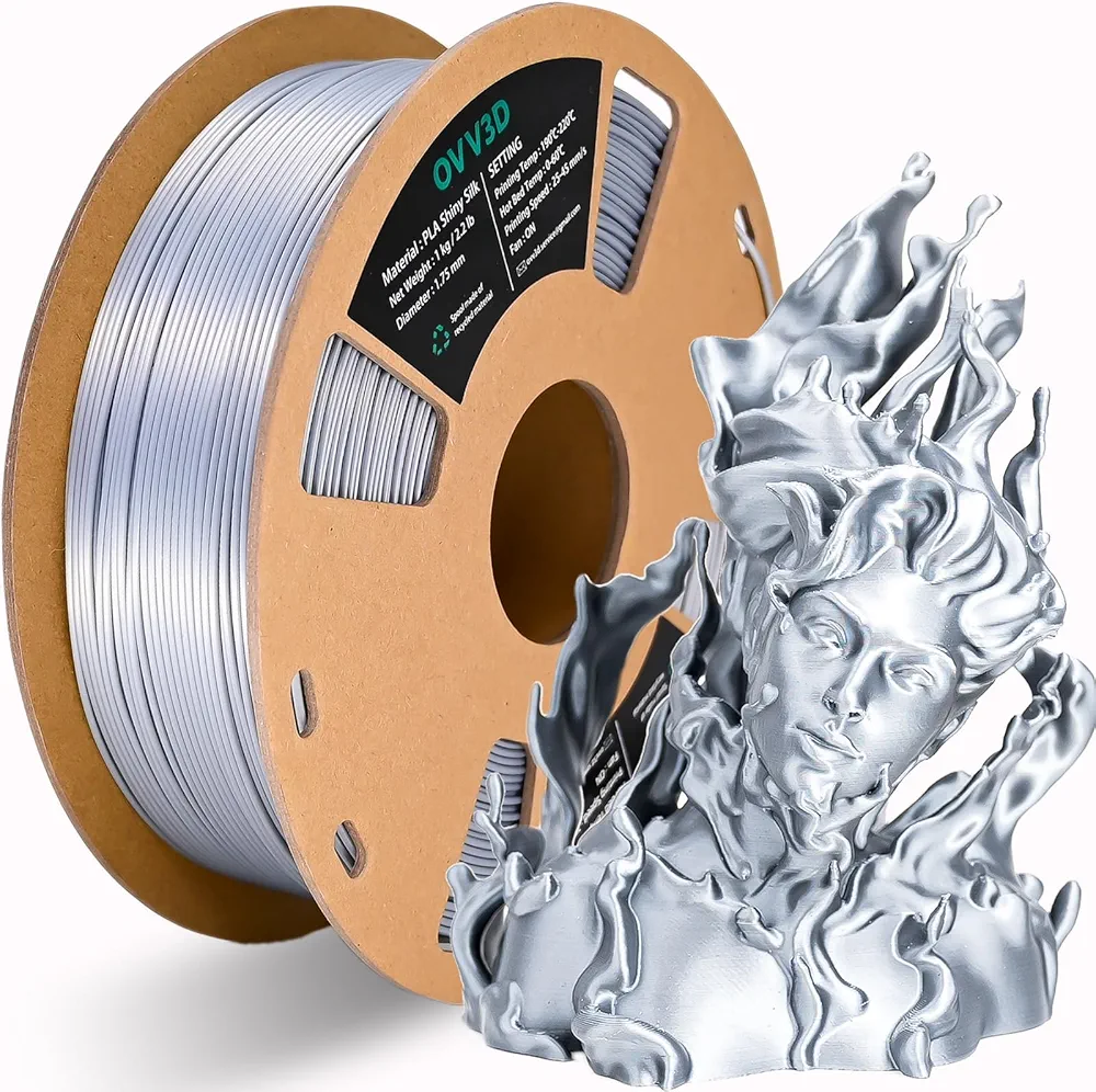 OVV3D Silk Silver PLA Filament 1.75mm, Upgrade Silver PLA Filament 3D Printer Filament, Silk Silver Metal 3D Printing Filament, 3D Filament 1.75 +/- 0.02mm, Silk 1.75 PLA Filament 1kg