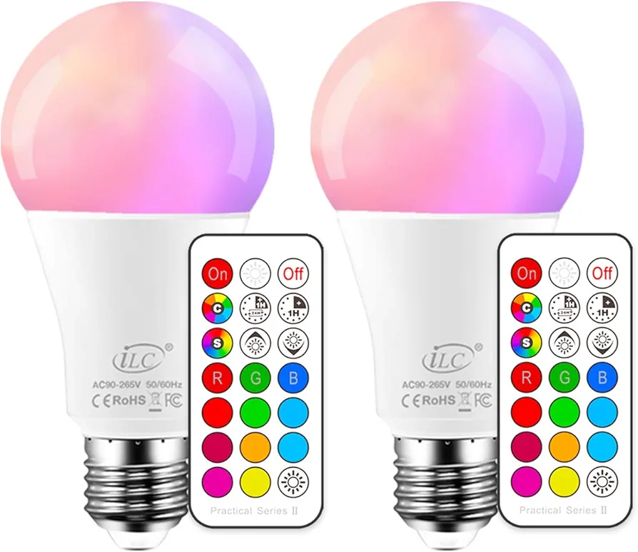 ILC Color Changing LED Light Bulbs, 70W Equivalent, 2700K Warm White A19 E26 Screw Edison Base RGBW Dimmable - 12 Color Choices - Timing Infrared Remote Control Included (2 Pack)