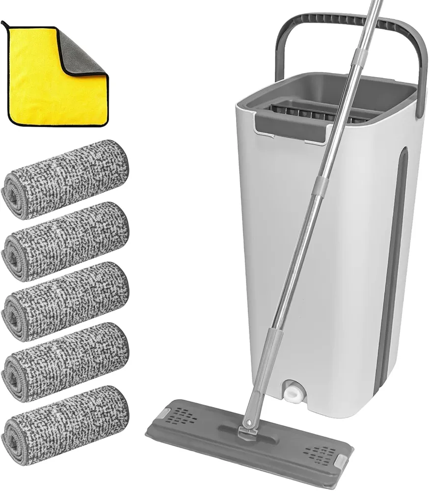 Mop and Bucket Set with Wringer Set with 5 Washable Microfiber Pads,Flat Mop and Bucket System,Mops for Floor Cleaning,Hands Free Flat Floor Mop and Bucket,Wet and Dry Use,Floor Cleaning System