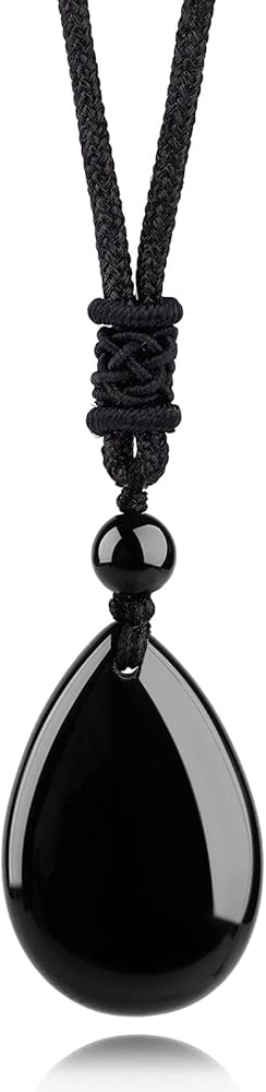Lucky Teardrop Necklace Healing Crystal Stone Pendant with Adjustable Rope, Chakra Gemstone Jewelry for Women & Men, Obsidian, Aventurine, Rose Quartz, Tiger’s Eye
