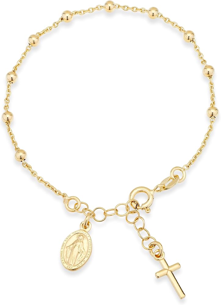 Miabella 18K Gold Over Sterling Silver Italian Rosary Cross Bead Charm Link Chain Bracelet for Women, Adjustable, 925 Made in Italy