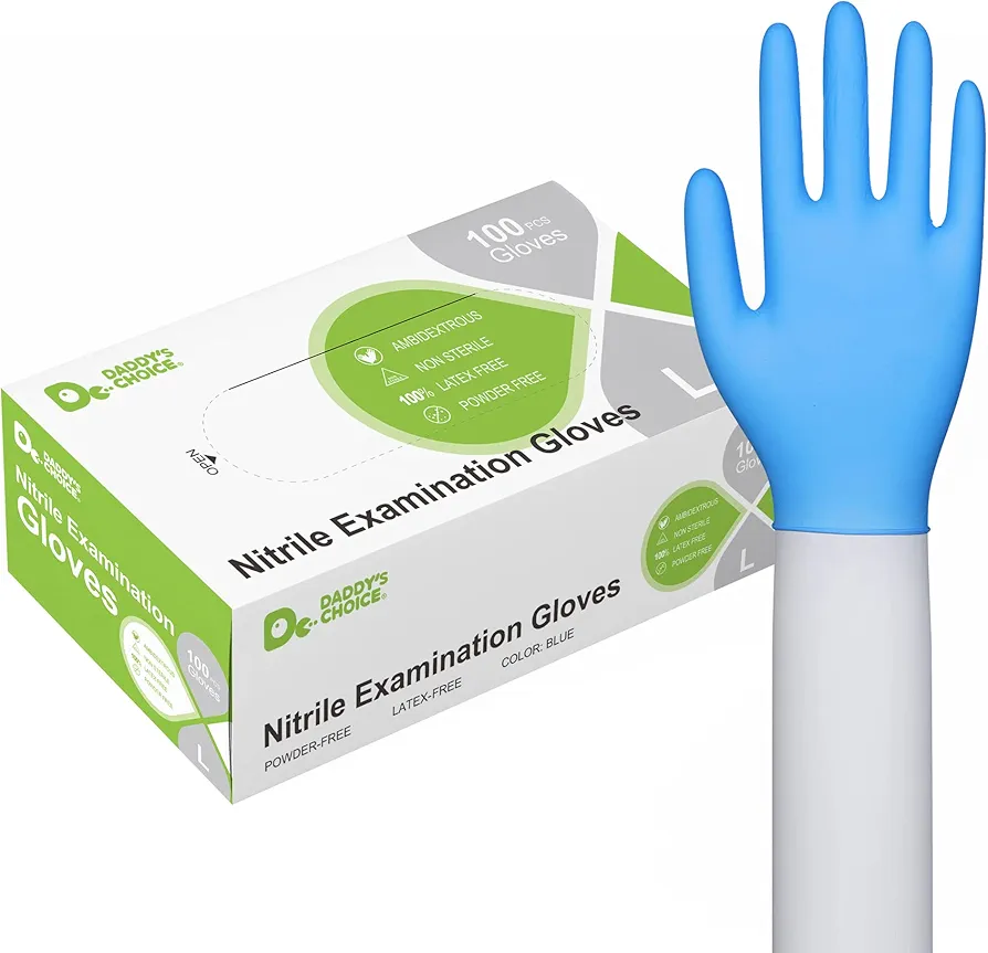 Daddy's Choice Nitrile Examination Gloves Large, Medical Grade, Pack of 100，Disposable Exam Gloves, Powder Free Latex Free Rubber, Non-Sterile, Food Safe, Ultra-Strong