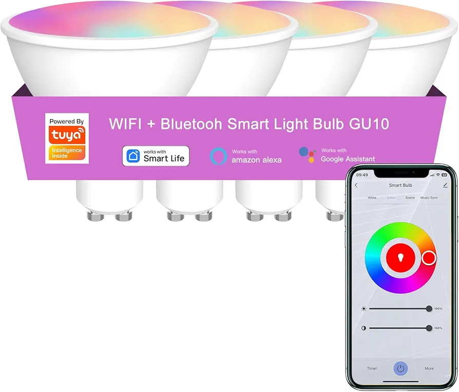 Gu10 WiFi(2.4G) Tuya Smart Light Blubs 300Lum Led RGB+CCT(3000K-6000K) Full Color Adjustable and Dimmable Halloween Light Work with Alexa Google Home Smart Things No Hub Required(4Pack)