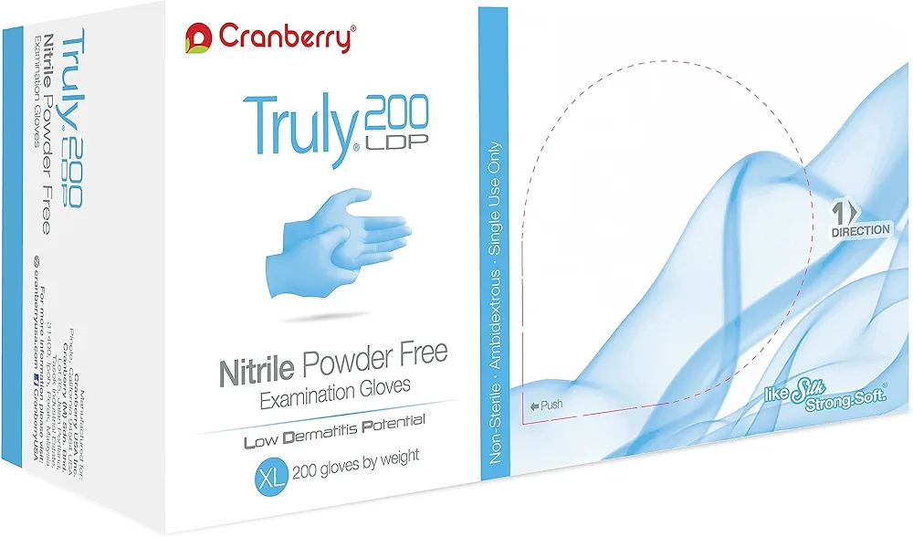 Cranberry USA Cranberry Truly 200 LDP Light Blue Nitrile Exam Gloves, Pack of 200, X-Large, Fentanyl Resistant, Chemo Drug Tested, Low Dermatitis Potential, 3.2 Mil