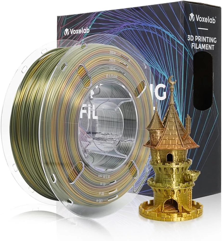 VOXELAB Silk PLA Filament 1.75mm, Smooth Color-Changing, Coextrusion Smooth and Shiny Consumable, Changeable Rainbow PLA Filament, 1kg (2.2lbs) for Most FDM 3D Printer,Metal Rainbow