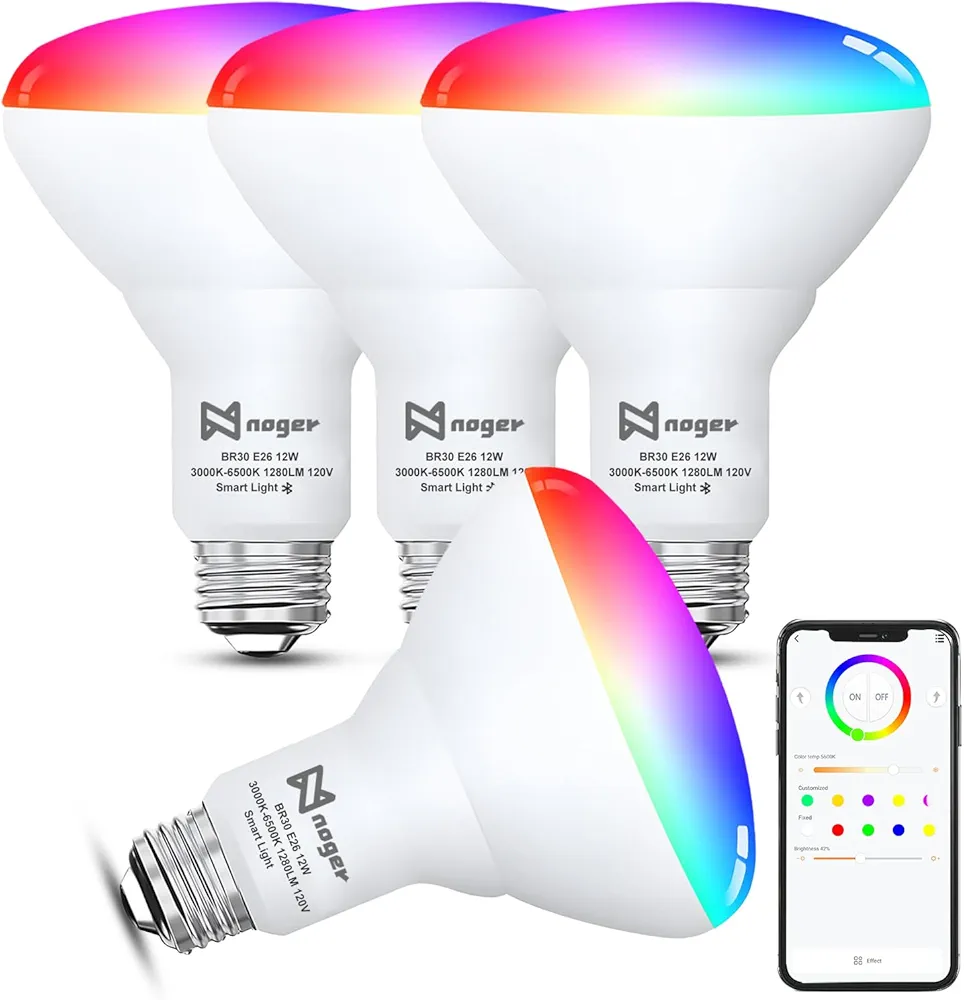 Noger Smart Light Bulbs 4 Pack, Bluetooth Smart Bulb with Music Sync, 1280 Lumens Dimmable BR30 LED Flood Light Bulbs, RGBCW Color Changing Light Bulbs, 12W (75W Equivalent), 16 Million Colors