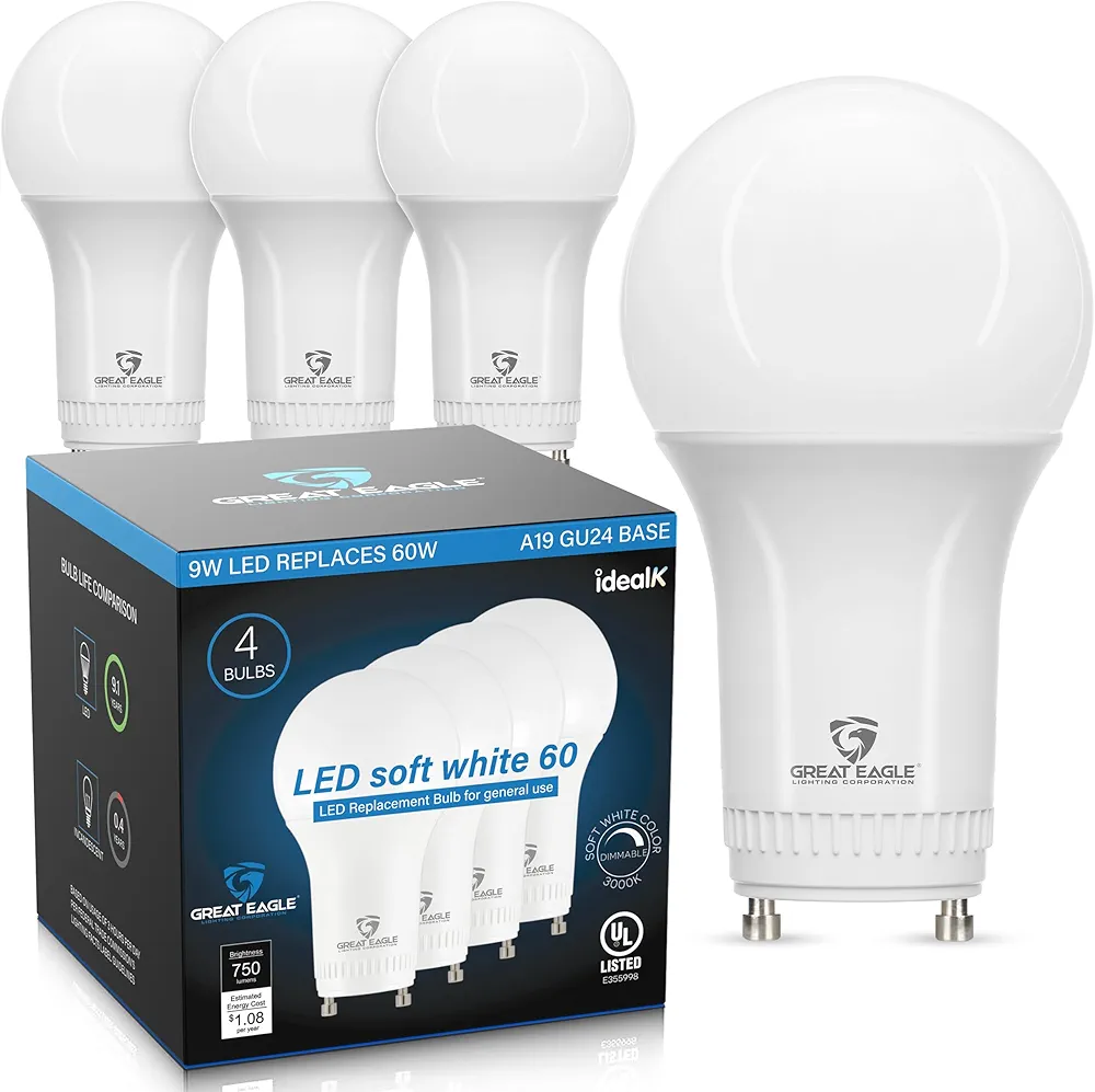 Great Eagle GU24 Led Bulb - A19 Shape, 9W (60W Equivalent), Dimmable, 3000K Soft White, UL Listed, Twist-in Light Bulb, 2 Prong Light Bulbs (4-Pack)