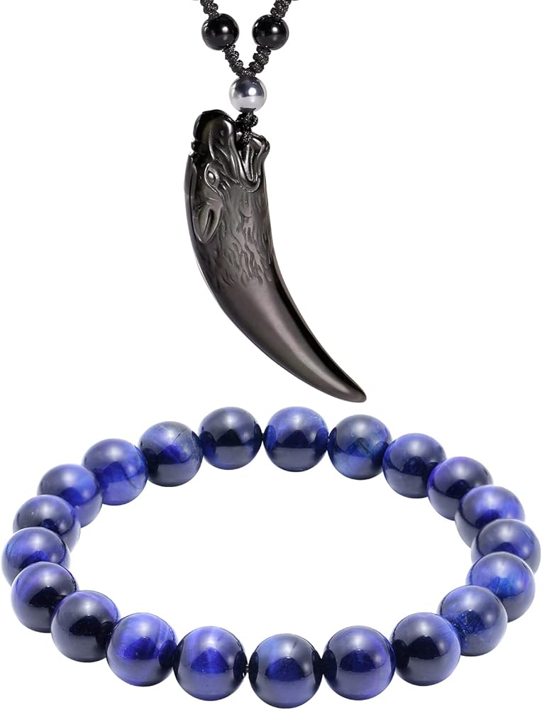 Jewever Black Obsidian Simple Style Wolf Tooth Necklace Pendant & Blue Tiger Eye Bracelet for Men and Women 10mm Stretch Unisex