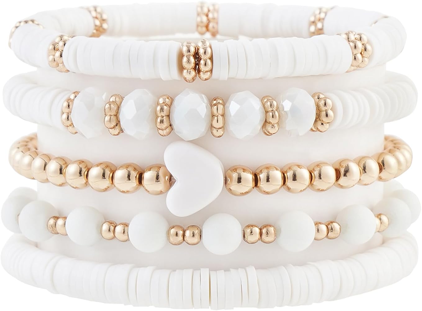 Heishi Beaded Stretch Bracelets for Women Stackable Gold Polymer Clay Beads Bracelets Friendship Boho Summer Beach Bracelets Jewelry Set