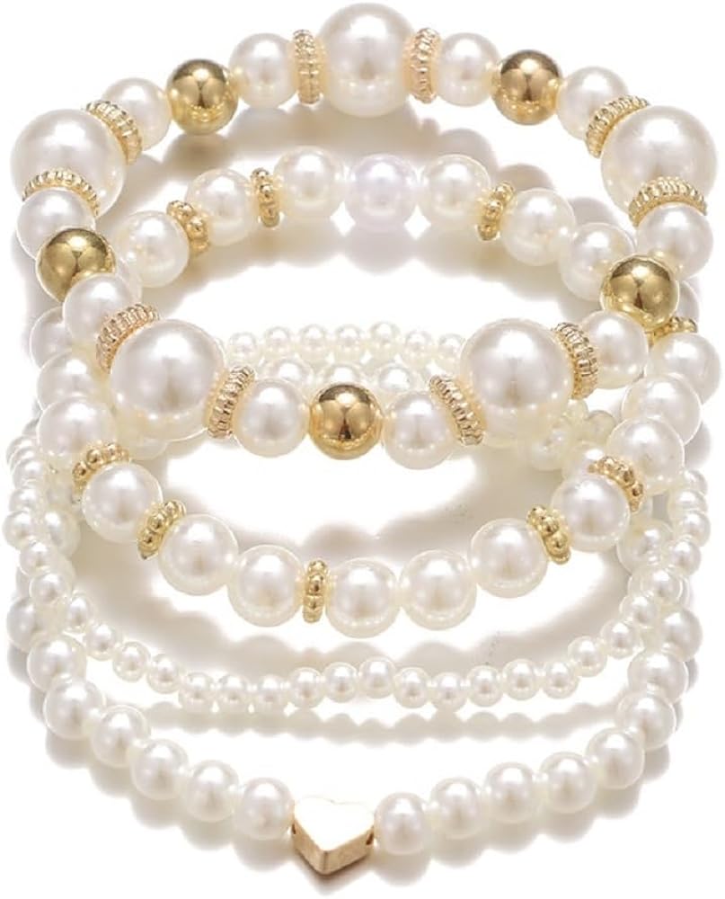 Fuqimanman2020 Chunky Simulated Pearl Stackable Stretch Bracelet Set Beaded Ball Adjustable Multilayered Elastic Bangles for Women Wedding Jewelry