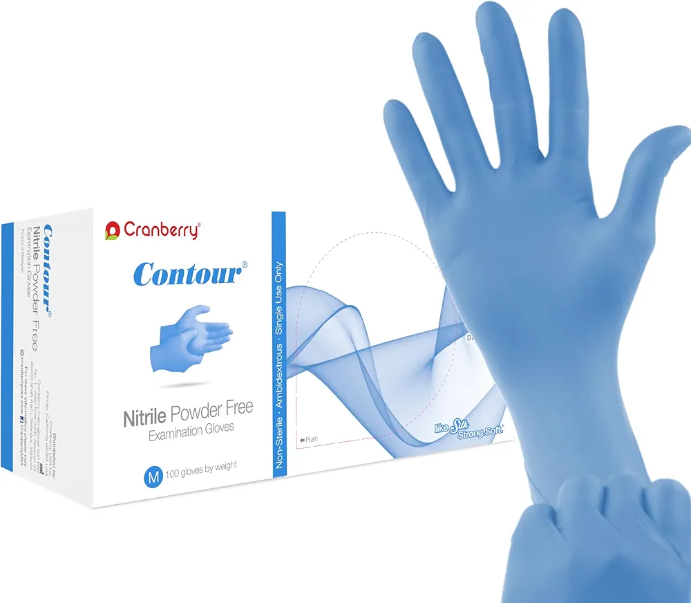 Cranberry USA CR3118 Contour Nitrile Powder Free Exam Gloves, Large, Blue (Pack of 100)