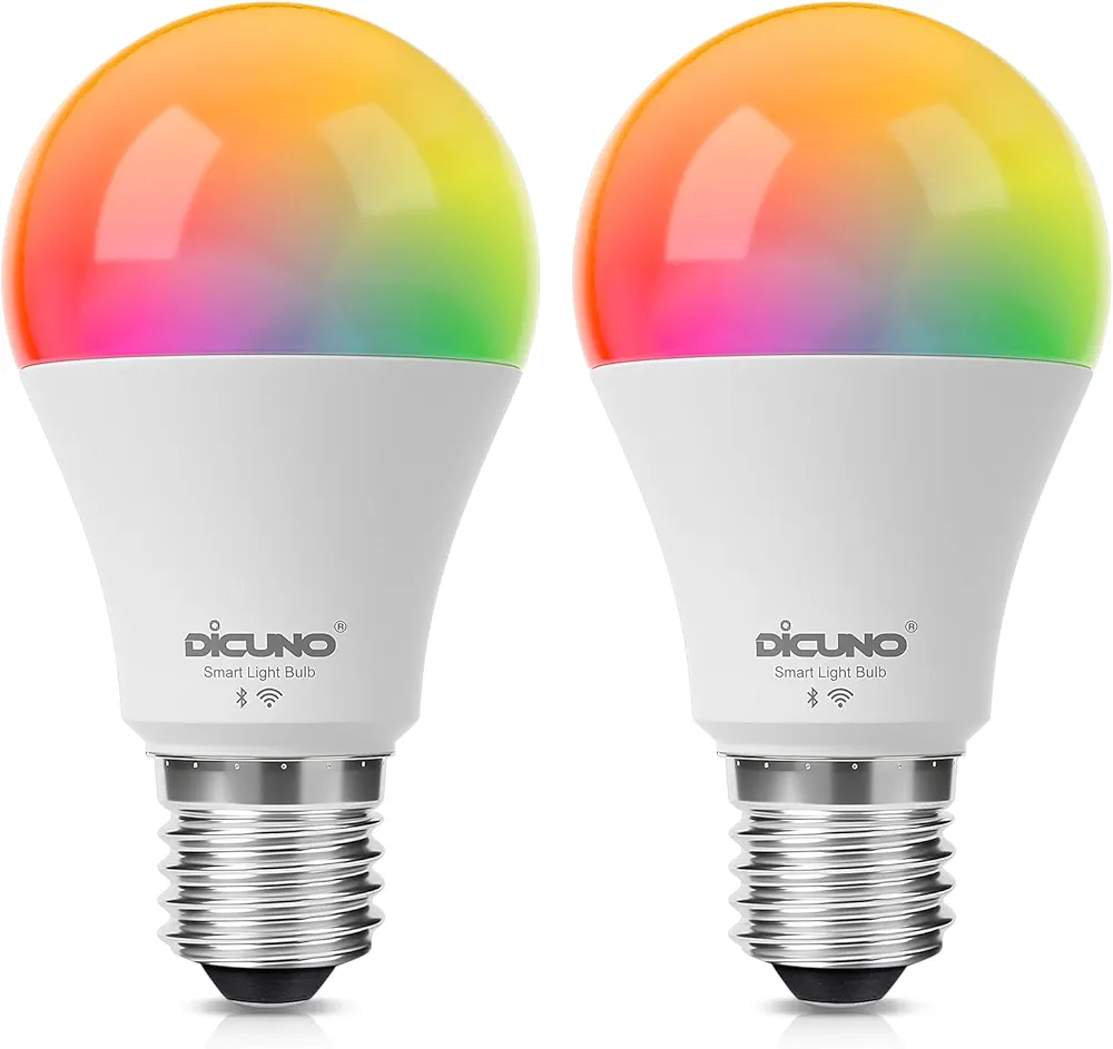 DiCUNO Smart Light Bulbs, Wi-Fi Bluetooth LED Lights, Multi Colors Changing Bulb RGBCW Dimmable, Works with Alexa, Google Home Assistant, No Hub Required, A19 E26 9W 800LM 2.4Ghz only, 2 Pack