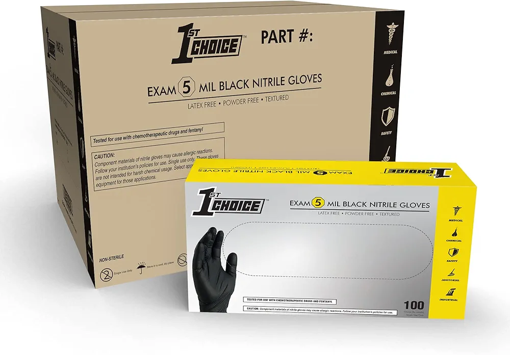 1st Choice 5 mil Disposable Gloves, Black Nitrile Exam Gloves, Small Case of 1000 Gloves, Disposable, Latex Free, Chemo Safe