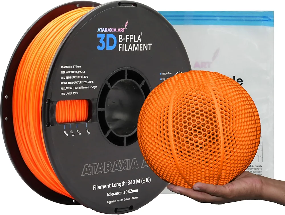 ATARAXIA ART Airless Bouncy B-Flexible Orange PLA Filament 1.75mm, Flexible 3D Printer Filaments 5X Longer Stretch, 1Kg/2.2lb Tidy Spool Patent Formula, Fit 3D Fast Printers, With Filament Storage Bag