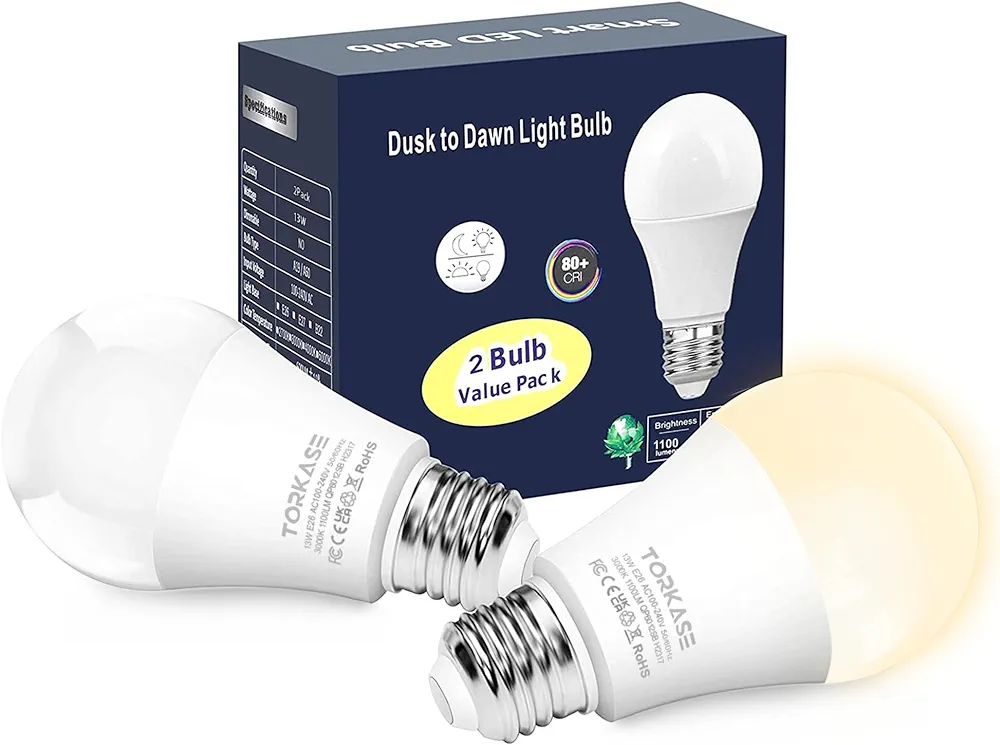 Torkase Outdoor Dusk to Dawn Light Bulbs, No Timer Required, 13W(100W Equivalent), 3000K Warm White, E26 A19 Automatic Sensor LED Bulb, Built-in Photocell Detector for Boundary Garage Patio, 2 Pack