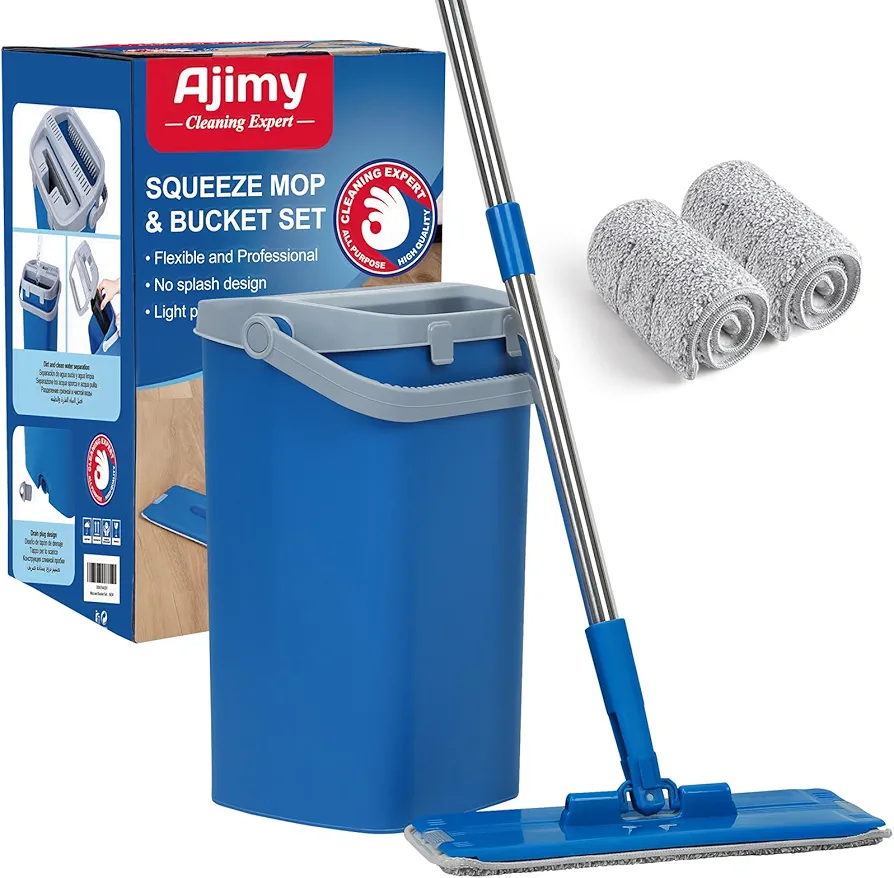 Mop and Bucket Set with 2 Washable Pads,Mop and Bucket with Wringer Set for Home Kitchen Tile Hardwood Laminate Floor Cleaning
