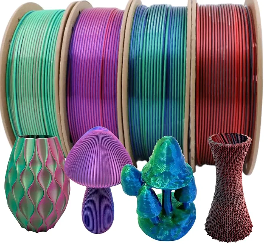 1KG Silk PLA 3D Printer Filament Bundle Dual Color Triple Color Pla Filament Multicolor Filament for 3D Printer,250g X 4 Spools(Rosered Sky Blue Green,Rosered DarkBlue,DarkBlue Green,Black Red)