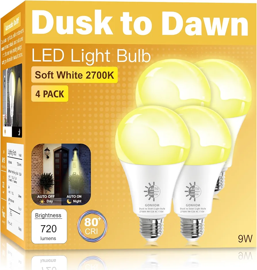 4 Pack Dusk to Dawn Light Bulbs Outdoor, 2700K Warm White, 720LM, 9W(60W Equivalent) A19 E26 Automatic On/Off LED Sensor Light Bulbs, Dusk to Dawn Outdoor Lighting for Porch Garage Patio