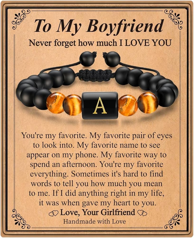 Gifts for Boyfriend, 8mm Tiger Eye & Black Agate Initial A Bracelets Birthday Christmas Valentines Day Graduation Gifts for Boyfriend Him Boyfriend Bracelets Gifts from Girlfriend