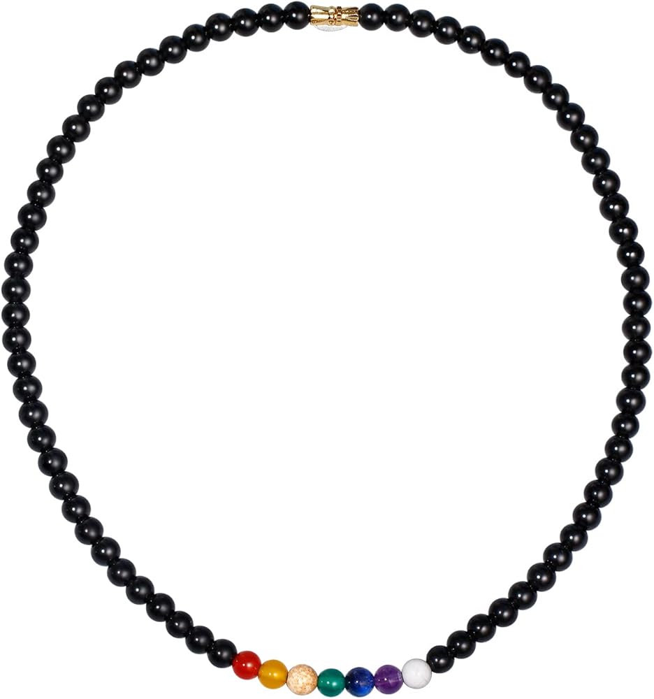 Black Obsidian Reiki 7 Chakra Beaded Strand Necklace for Women Good Luck Crystals Yoga Meditation Spiritual Birthday Gifts 18"