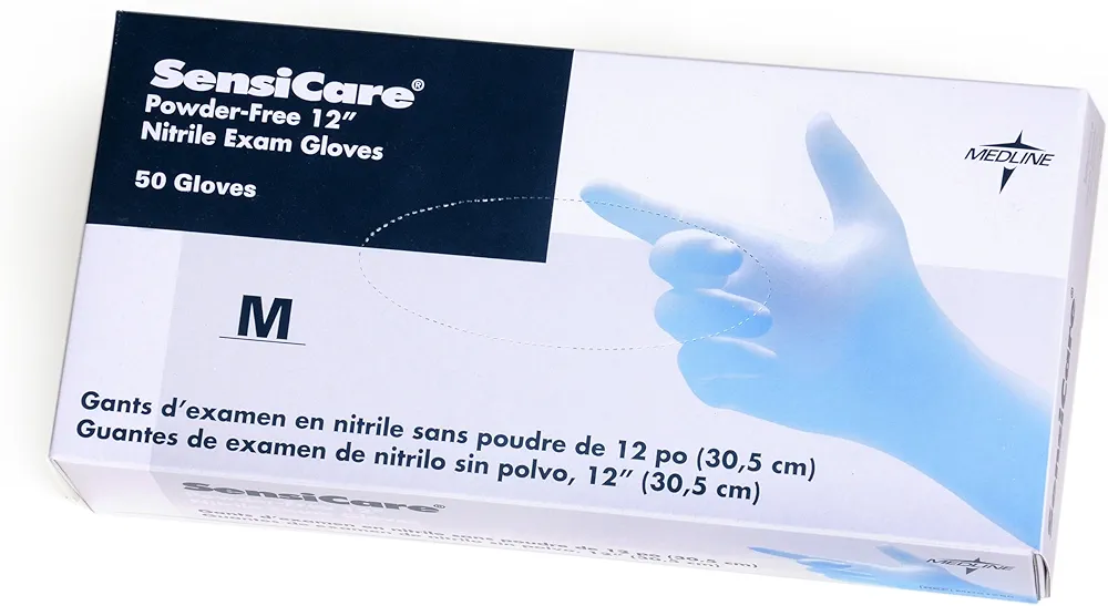 Medline Sensicare Non-Sterile Powder-Free Latex-Free 12 Inches Nitrile Exam Gloves, Blue, X-Large, 45 Count