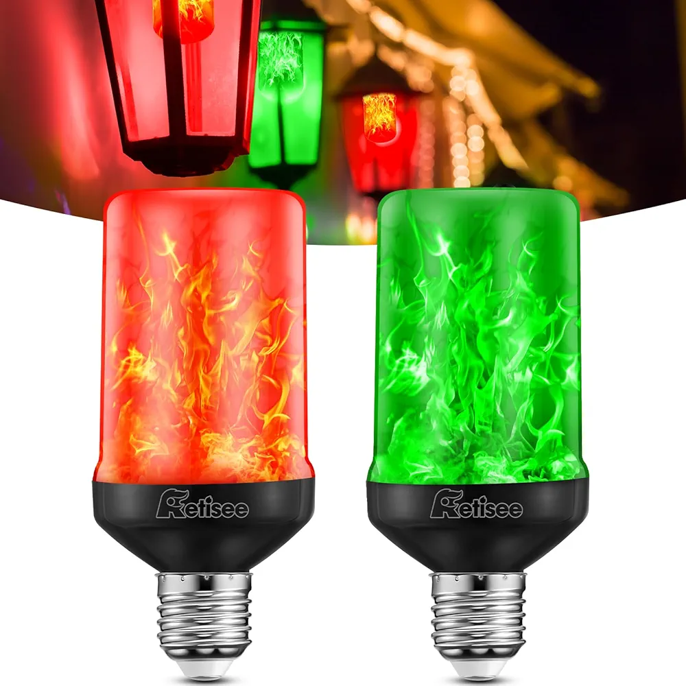 2 Pack Upgraded Red and Green LED Flame Effect Light Bulbs, Dusk to Dawn Light Bulbs Outdoor, Auto On/Off, E26 Base Flickering Light Bulb with Upside Down Effect, Fire Bulb for Party Porch Outdoor
