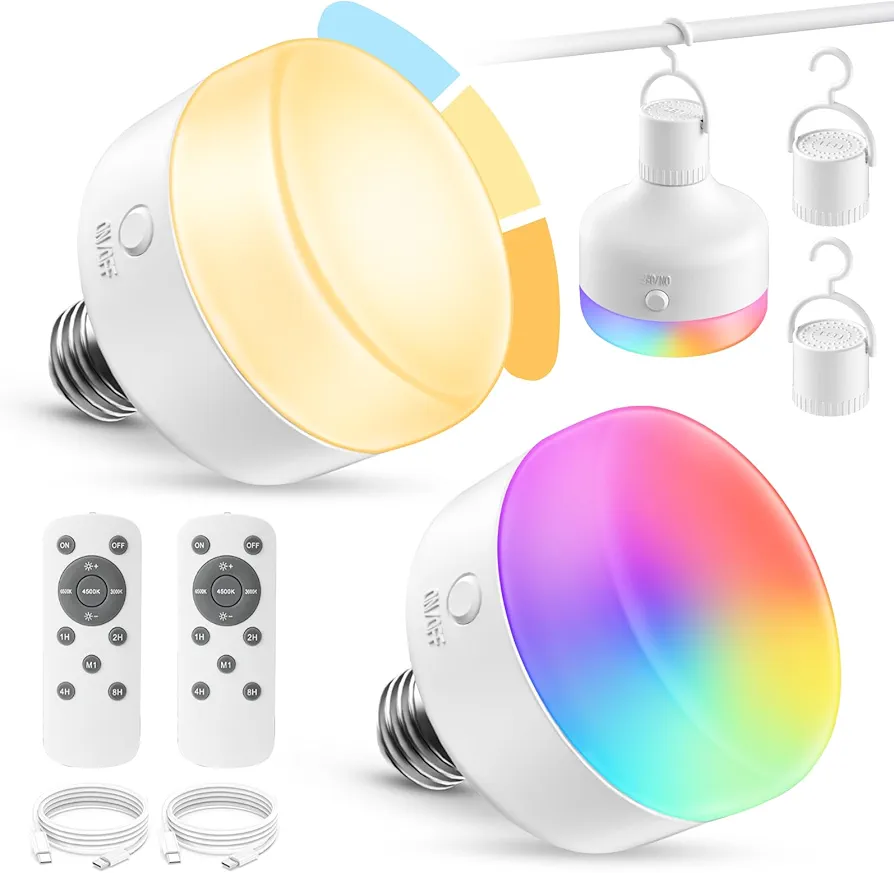 NIORSUN 2Packs E26 Rechargeable Light Bulb, 300LM丨4000mAh丨3 Color Temperature+RGB Battery Operated Light Bulbs with Remote,Dimmable & Timer Function, for Table lamp & Wall Sconces, Non-Hardwired