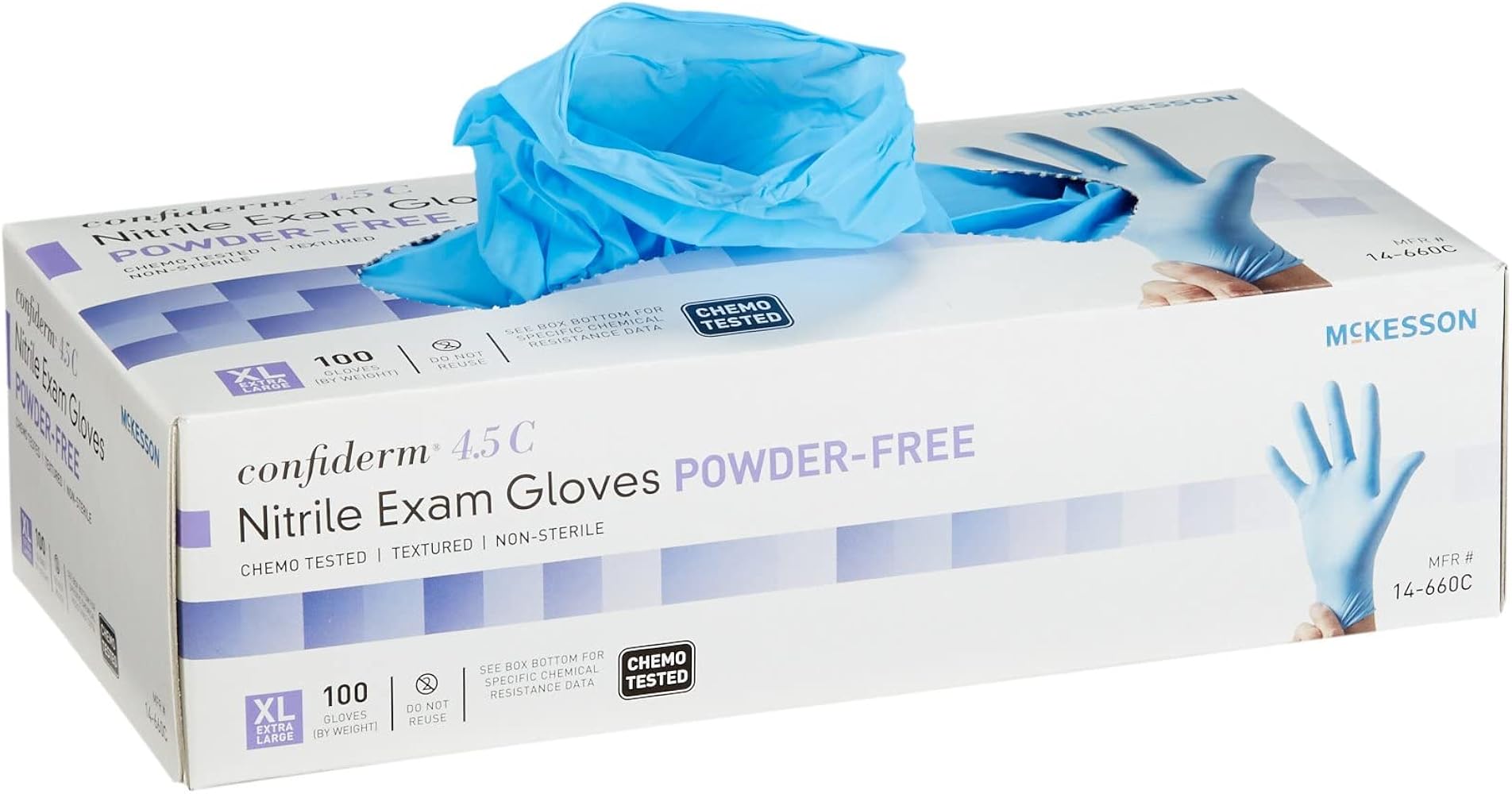 McKesson Confiderm 4.5C Nitrile Exam Gloves - Powder-Free, Latex-Free, Ambidextrous, Textured Fingertips, Chemo Tested, Non-Sterile - Light Blue, Size XL, 100 Count, 1 Box