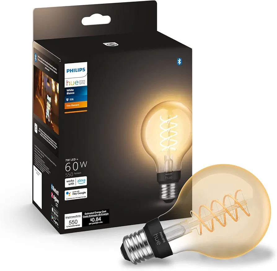 Philips Hue Smart 60W G25 Filament LED Bulb - Soft Warm White Light - 1 Pack - 550LM - E26 - Indoor - Control with Hue App - Compatible with Alexa, Google Assistant and Apple Homekit