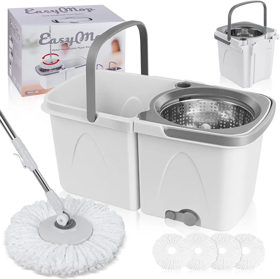 Spin Mop and Bucket with Wringer Set for Home, Separate Clean and Dirty Water, Spin Mop Bukcet System with 4 Reusable Microfiber Mop Pads, Wet Dust Mop for Floor Cleaning