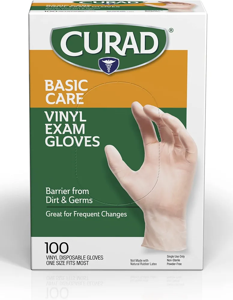 Curad Basic Care Vinyl Exam Gloves, Disposable, One Size Fits Most (100 Count)