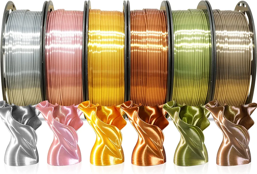 MIKA3D 6 Spools 1.75mm Silk PLA 3D Printer Filament Bundle, 6 Metallic Shiny Colors: Gold/Silver/Copper/Bronze/Coffee Gold/Rose Gold, Each Spool 250g X 6 Spools, Total 1.5Kg 3D Printer Material