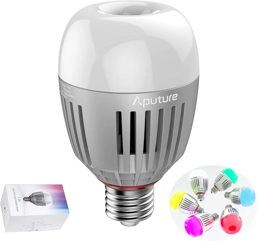 Aputure Accent B7c LED Smart Bulb 7W RGBWW,2000k-10000k Bi Color,CCT/HSI/FX Mode,App Control Built-in Battery, E26/E27 Socket