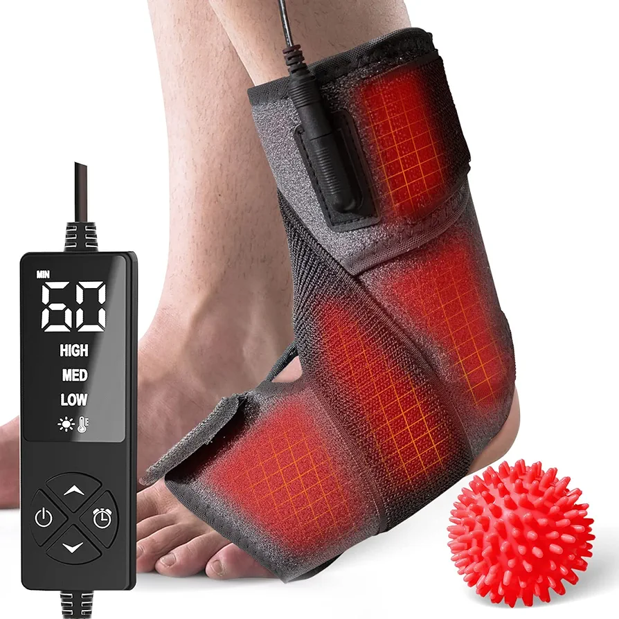 sticro Ankle Heating Pad for Achilles Tendonitis and Plantar Fasciitis Relief, Heated Ankle Brace Foot Heating Pad Wrap with Massage Ball for Sprained Ankle, Arthritis Foot Heel Pain Relief (Gray)
