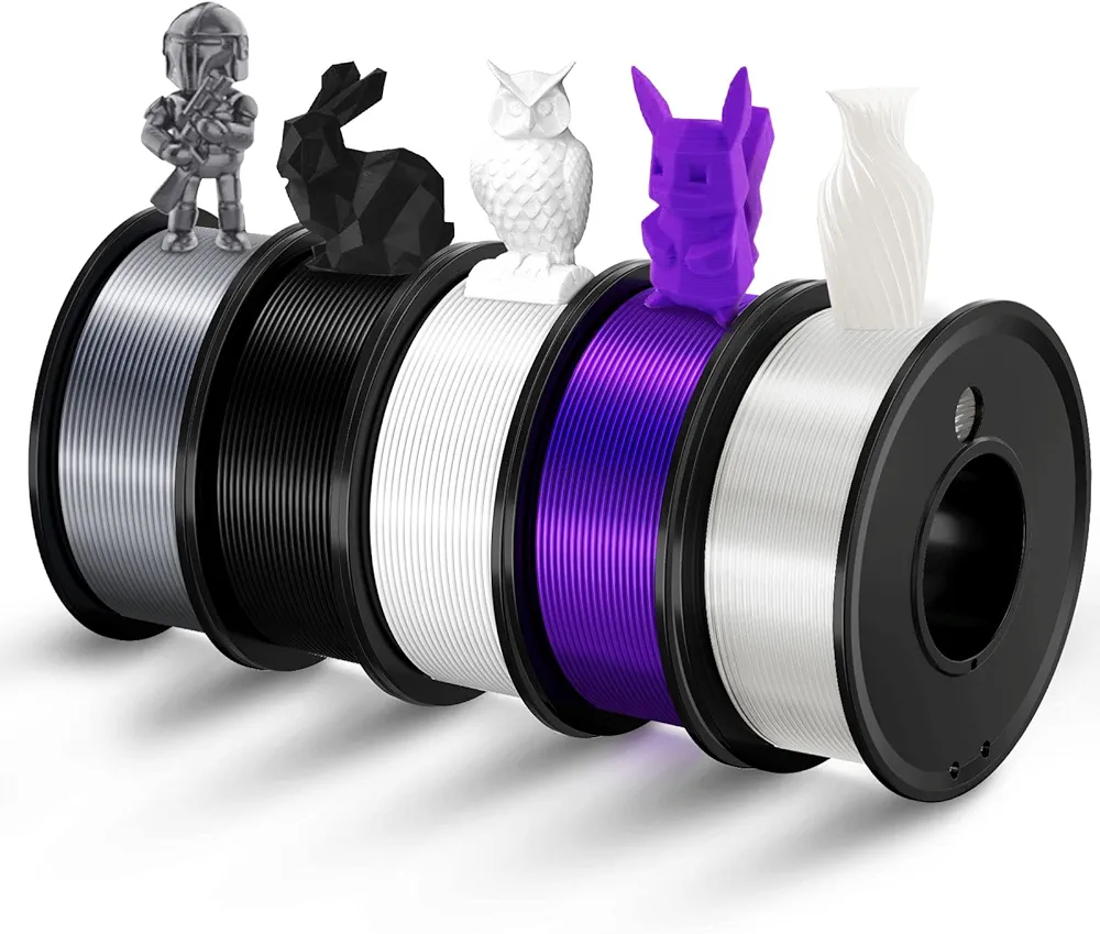 FAHKNS 3D Printer Filament PLA 1.75mm 3-D Printing Materials 5 Colors Bundle Print Filimate 1.75 mm White Black Silver Purple Clear Filiment1.75 Accuracy ±0.02mm Fillament Spool Vacuum Pack 250G X 5