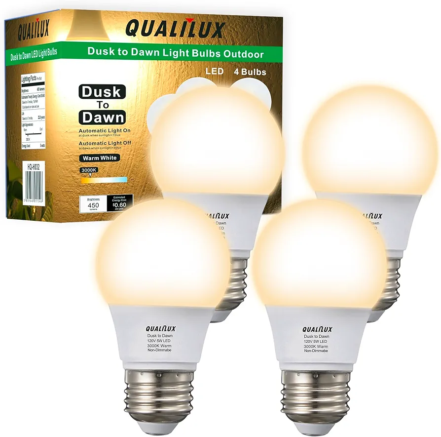 A15 Small Dusk to Dawn Light Bulbs Outdoor 450LM, Warm White, 5W=40W, Auto On/Off Non-Dimmable Replacement LED Bulb for String Lights, Porch, Patio, Garden, E26 Base, 4-Pack, HQ-H032