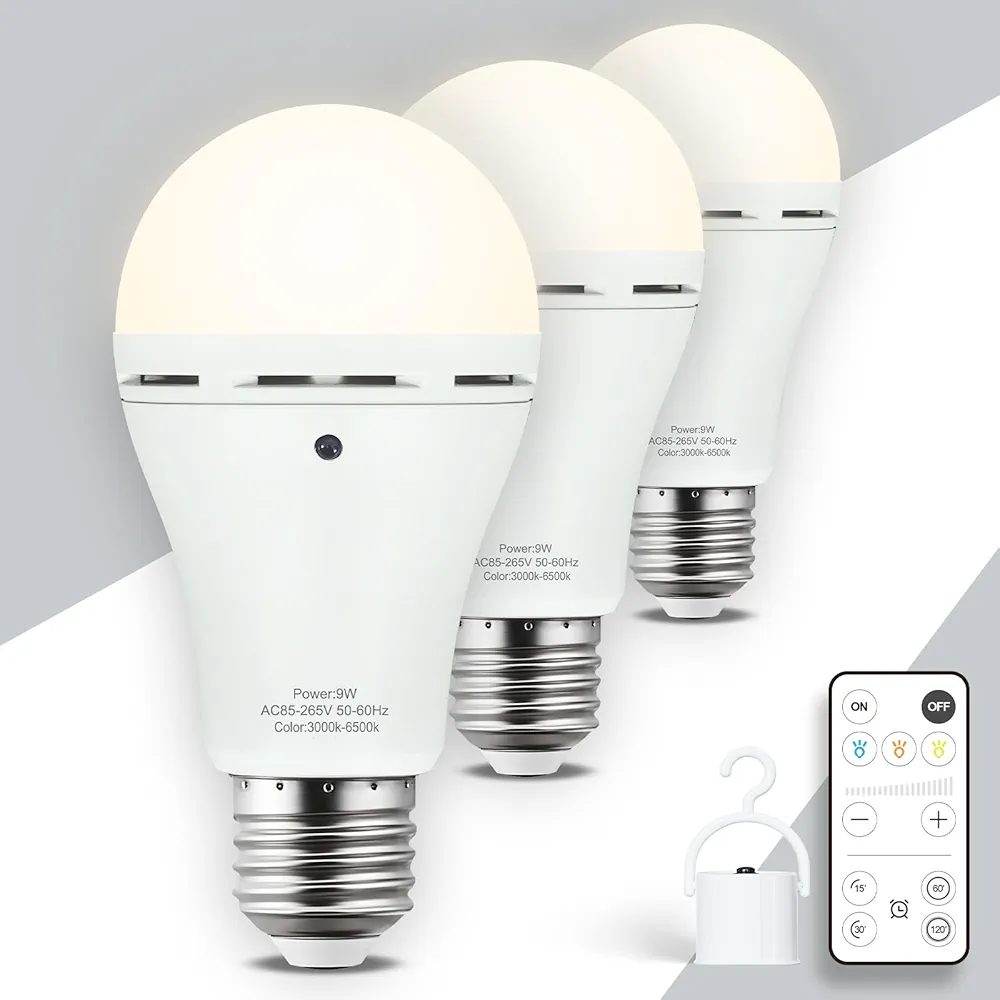 3 Pack Rechargeable Light Bulbs with Remote Control, Battery Powered Emergency LED Light Bulb 3 Color Shift Dimmable 120 Volt 9W for Power Outage Blackout Camping Hurricane