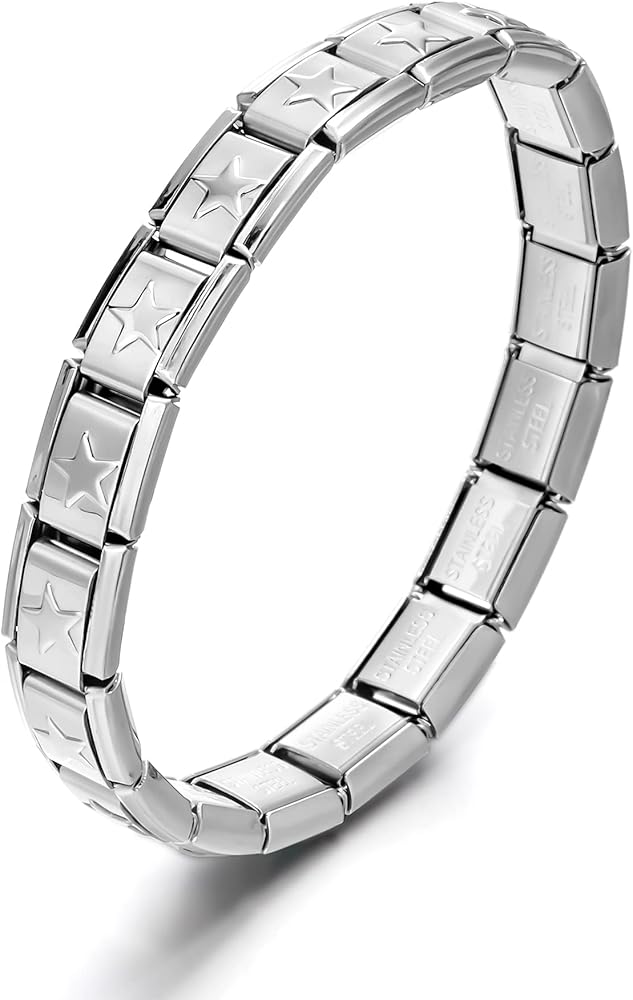 RINHOO 9mm Italian Starter Charm Bracelet Starting Italian Charm Bracelet Link Square Silver Interlocking Stainless Steel Modular Links