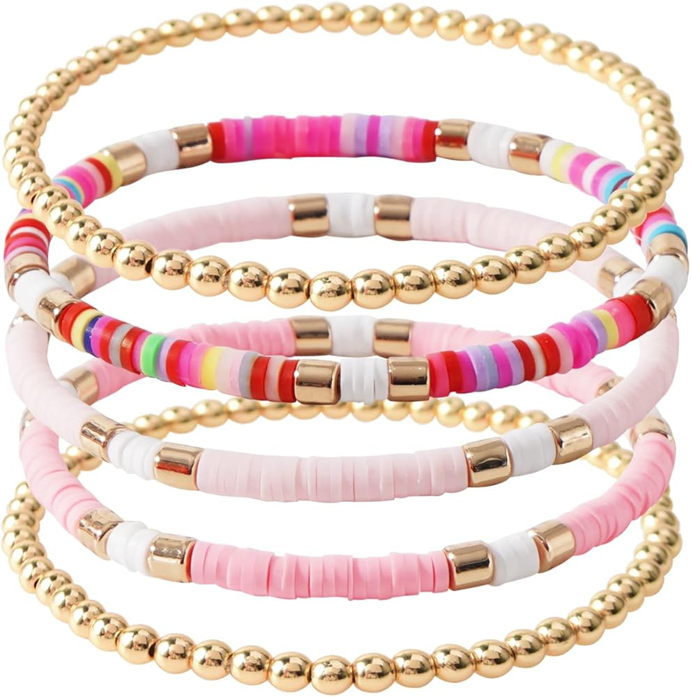 GOOJIDS Surfer Heishi Clay Bead Bracelets for Women Bohemian Stackable Gold Beaded Stretch Bracelets Elastic Layering Friendship Bracelets Set Boho Jewelry