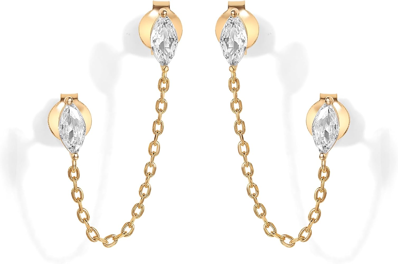PAVOI 14K Gold Plated Delicate CZ Chain Earrings for Women | Double Piercing Dangle Chain Studs Earrings | Cubic Zirconia Earscapes Earrings