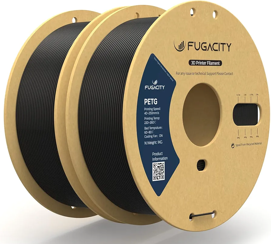 Fugacity PETG Filament 1.75mm, Black 3D Printer Filament 2 Roll 1KG Spool Bundles, Dimensional Accuracy +/- 0.02mm, Enhanced Printing Effect Fits Most FDM 3D Printers