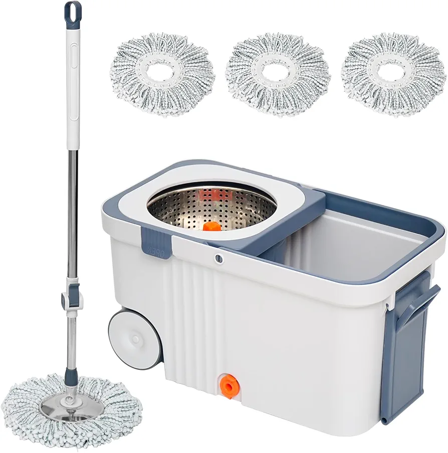 Spin Mop and Bucket Set with Wringer, 360° Rotating Mop with 3 Microfiber Heads and 2 Wheels for Easy Home Floor Cleaning, Ideal for Tile, Hardwood and Laminate Floors