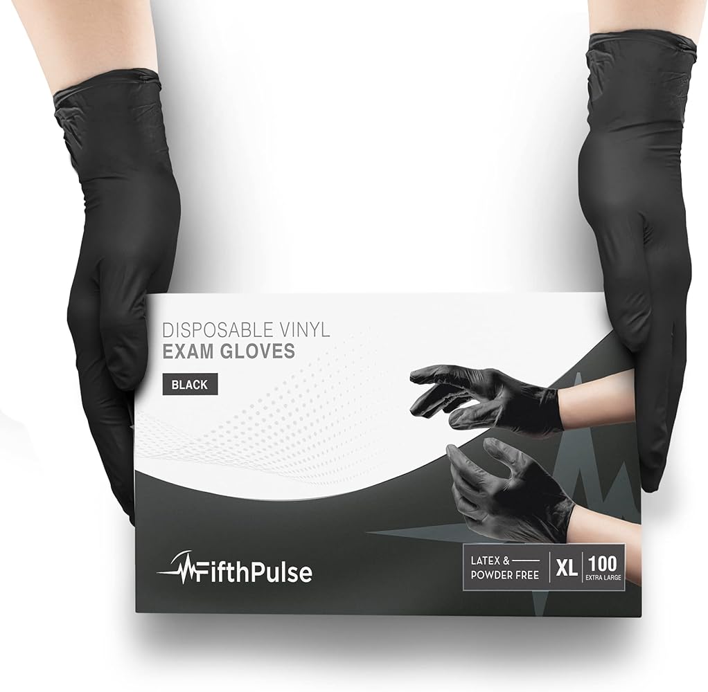 FifthPulse Blue and Black Vinyl Disposable Gloves 100 Pack - Powder and Latex Free Medical Exam Gloves