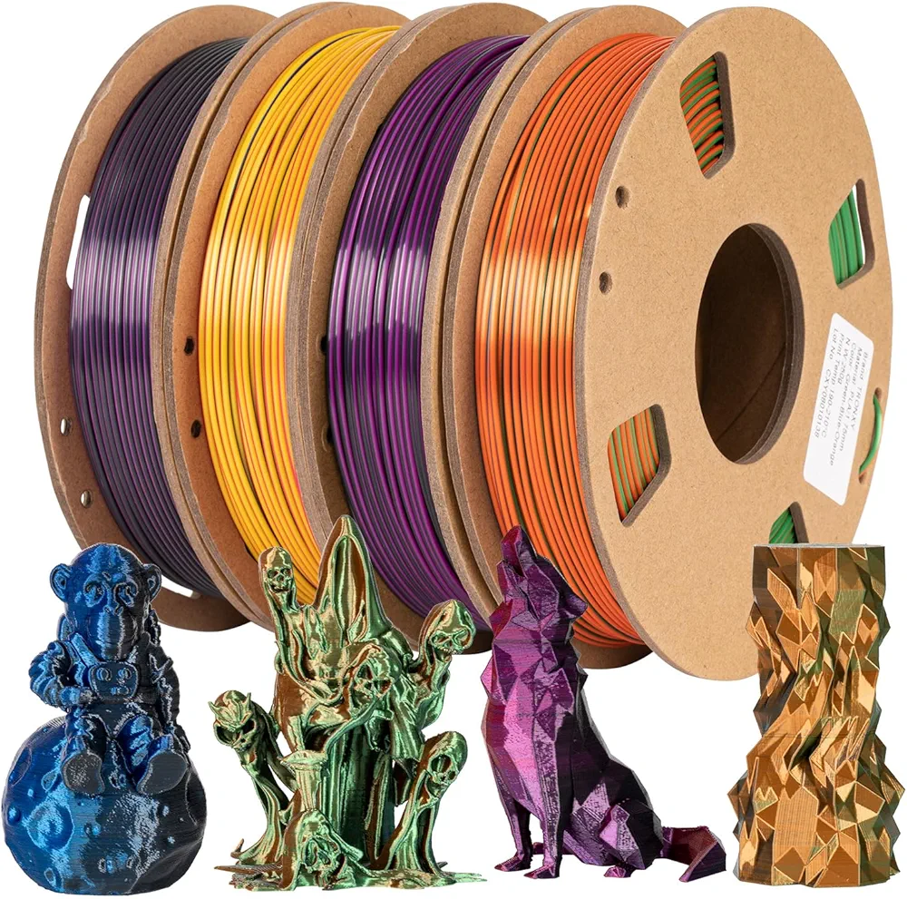 Silk PLA Filament 1.75mm Tri Color Filament Set, TRONXY 3D Printer Filament PLA Tri Color Extrusion Green-Blue-Orange/Blue-Purple-Black/Rose red-Yellow-Blue/Purple-Black-Red 250gx4 Spool
