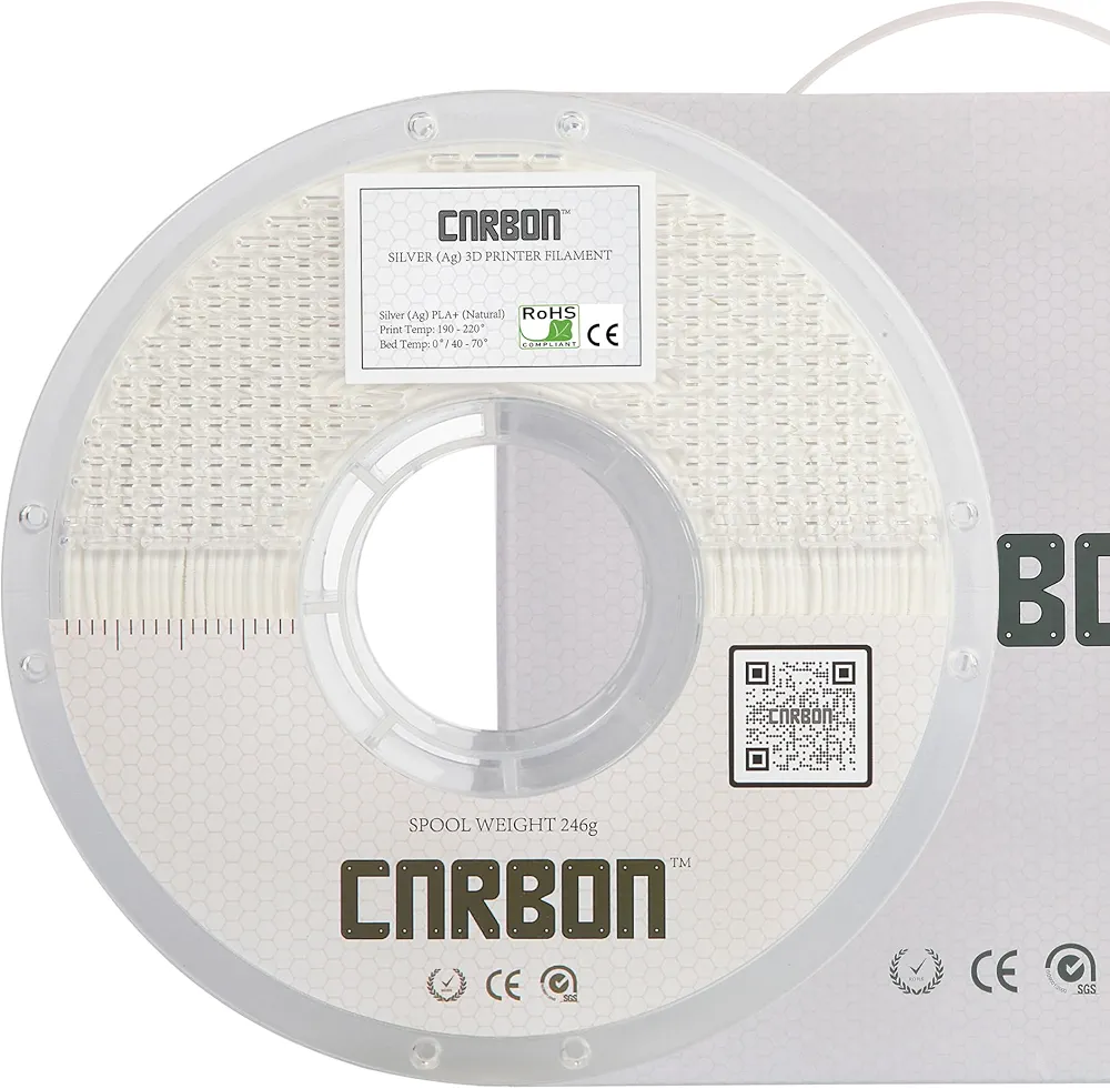 Silver (Ag) Certified Food Grade PLA+ Anti-Bacterial 3D Printer Filament - CARBON by Comfy Materials - Lab Tested Anti-Microbial Composite, 1.75mm, 1kg, Accuracy: +/- 0.02 (Natural PLA)